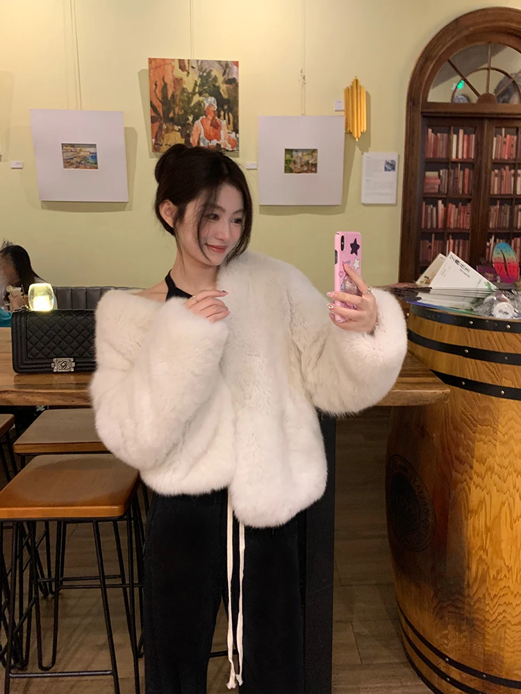 

Coat Fur V-neck Women's Thickened Warm Long Sleeve Fashion Trendy Casual Loose Simple Winter New Basic Color Commuter Short 1Pc