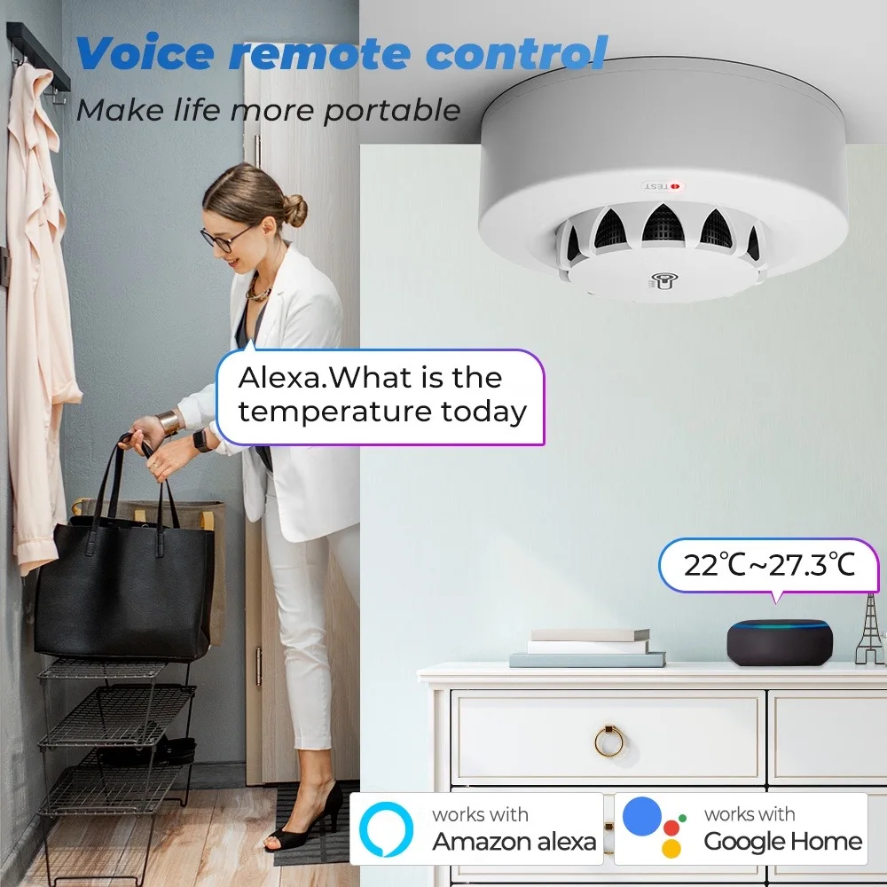Smoke Alarm ONENUO WiFi Fire Smoke with Temperature Humidity Detection 80dB Sound for Alexa Google Home Tuya Smart Life