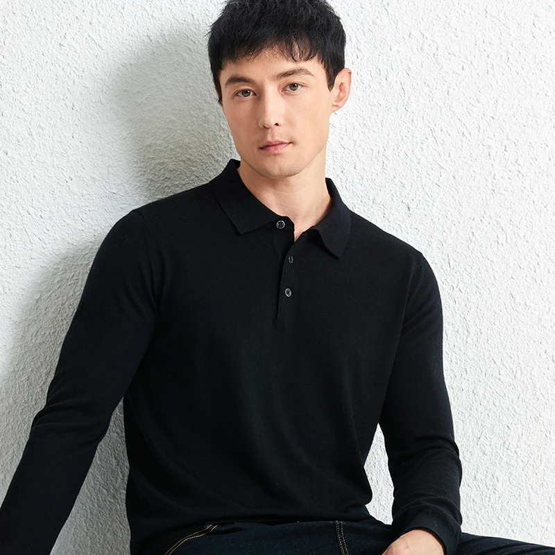 Top Grade 100% Worsted Wool Polo Shirt Men\'s Thin Merino Wool Knit Clothes Casual Turn Down Collar Knitwear Jumper Long Sleeved