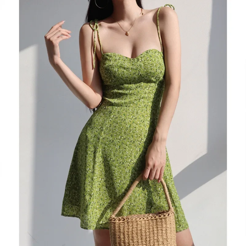 Women's Fresh Green Floral Halter Mini Dress