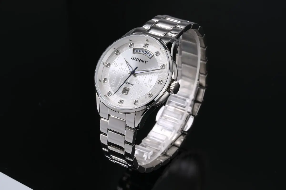 BERNY Golduhren für Herren, Saphir, klassisch, elegant, Quarz-Herrenuhr, Datumswochen, komplett aus Edelstahl, Business-Armbanduhr – Detail 23