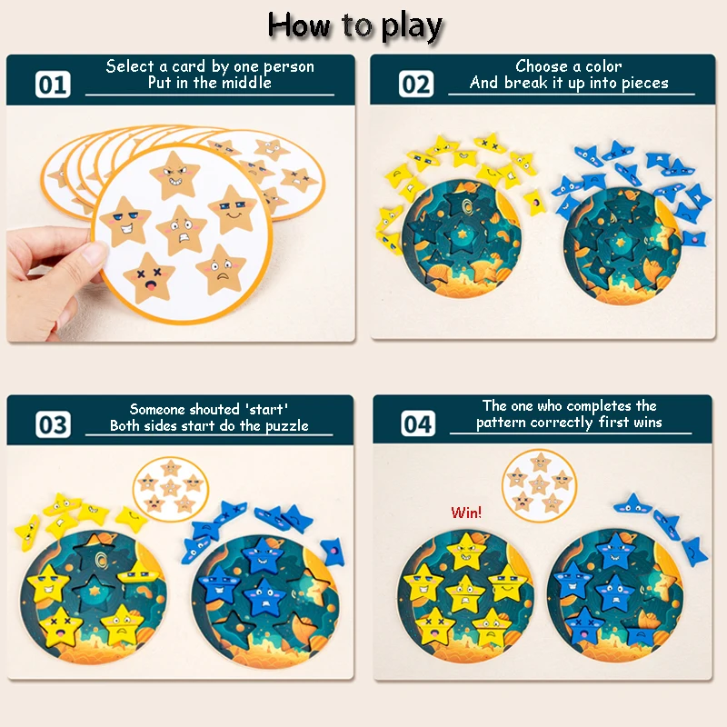 Star Expression Matching Puzzles Montessori Toys Social Board Games Emotion Puzzles Face Change Educational Wooden Toys for Kids 4