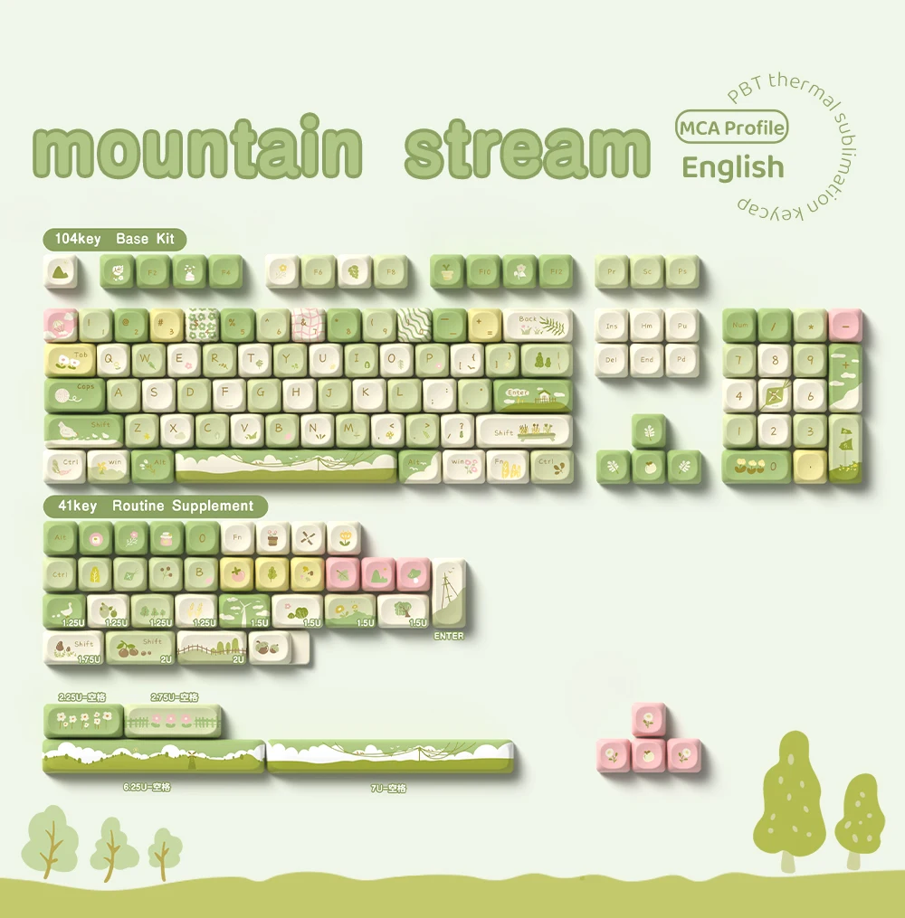 Kawaii Mountain Stream Nature Themed MCA Profile Keycaps (145 Keys)