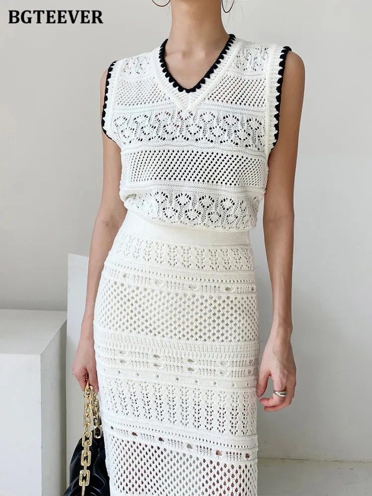 BGTEEVER Vintage Ladies 2 Pieces Knitted Set V neck Sleeveless Vests