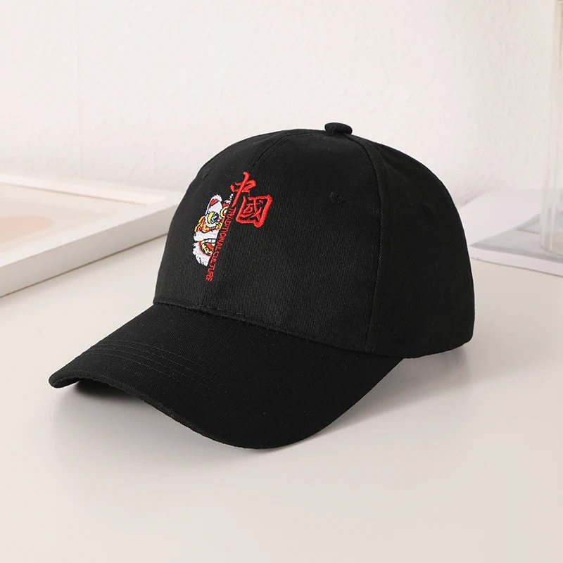 Einfache, bestickte, bedruckte Baseballkappe im chinesischen Stil, National Tide Lion, All-Match-Hip-Hop-Kappe, verstellbarer Klettverschluss mit Top-Flut c