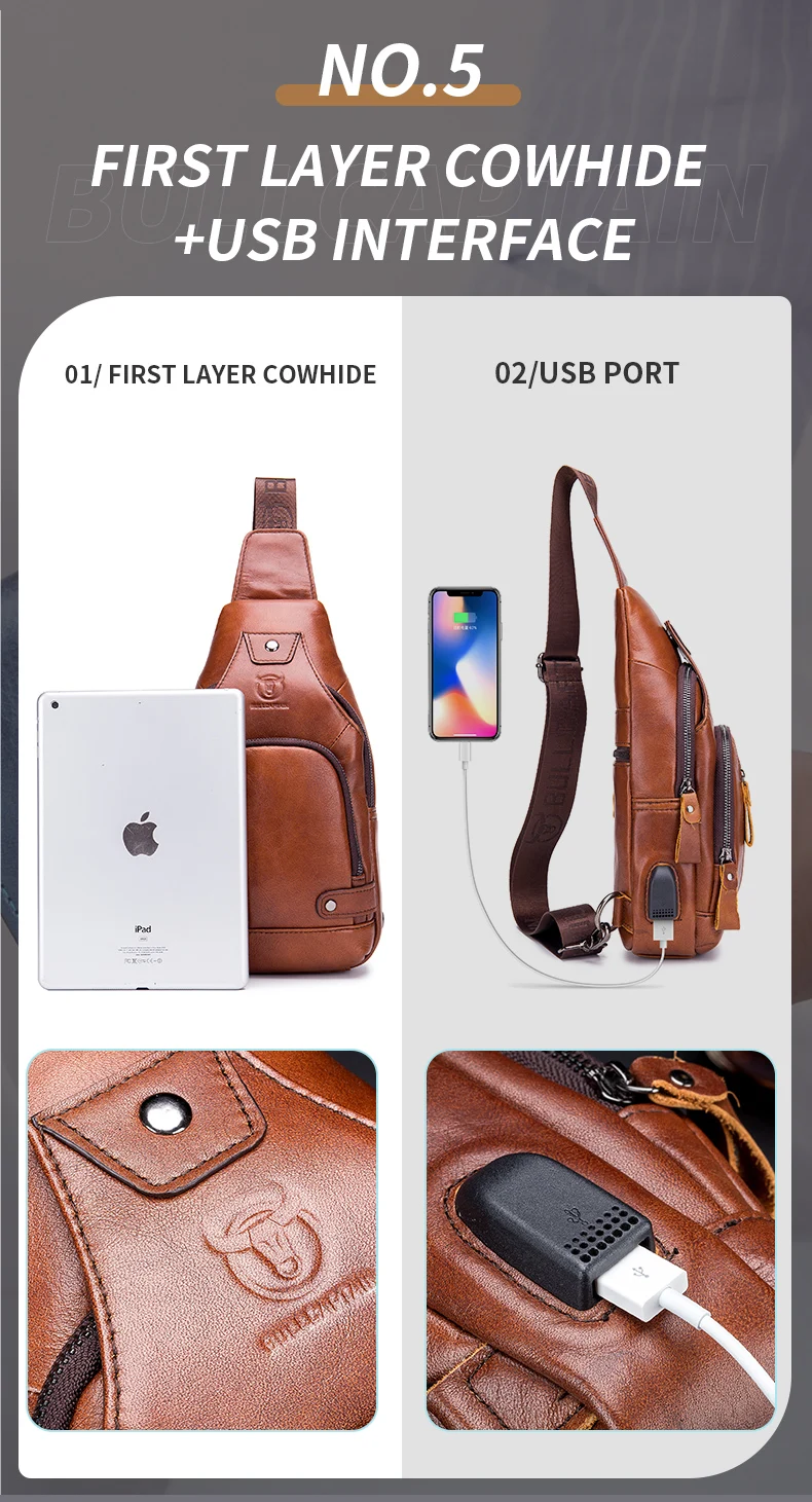 BULLCAPTAIN Retro-Brusttasche aus echtem Leder, Umhängetasche aus Rindsleder für Herren, Umhängetasche mit großem Fassungsvermögen ﻿ – Detail 6