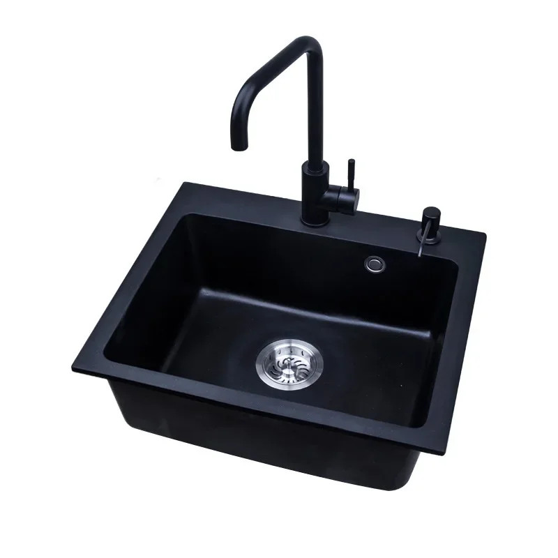 อ่างล้างจานครัวทรงสี่เหลี่ยมผืนผ้า ทำจากหินควอตซ์ ทาสีดำ ช่องเดียว พร้อมก๊อกน้ำ 5043 ตะกร้าใส่เศษอาหาร (ตัวเลือกเสริม) 1