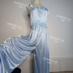Summer Satin Silk Ruffles Sexy Women Sleeveless Jumpsuit Sleeping Loose Long Wide Leg Pants Beachwear