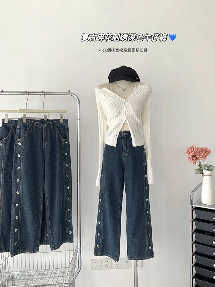 

Fashion Retro Wide Leg Pants Embroidery Flower Denim Jeans High Street Hiphop Full Length Trousers Casual Streetwear New Design
