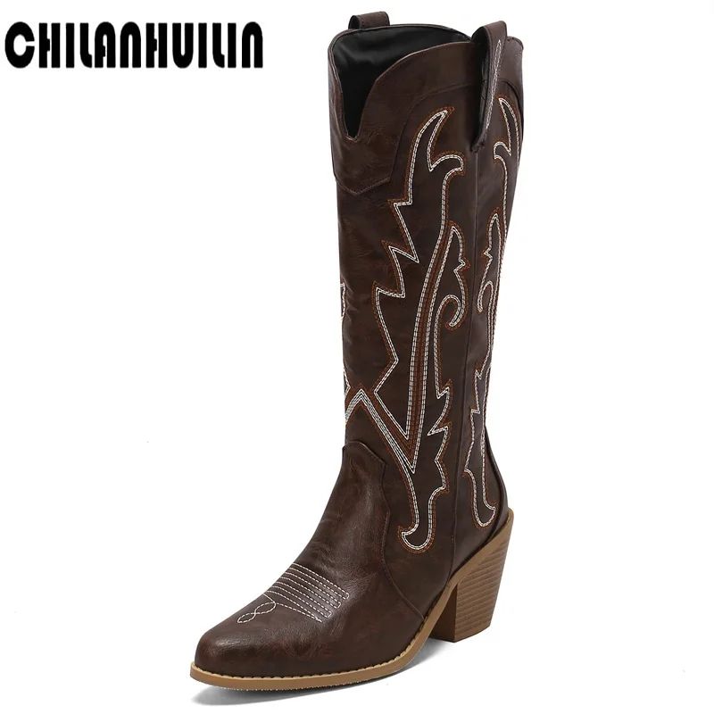 

embroidered long boots women 2023 autumn winter pu leather knee high boots woman plus size high heels cowboy botas mujer black