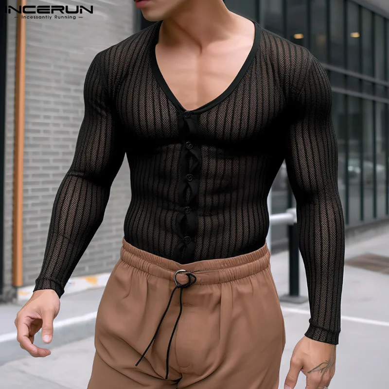

INCERUN Men Shirt Striped Mesh Transparent V Neck Long Sleeve Button Men Clothing Streetwear Sexy 2024 Fitness Fashion Camisas