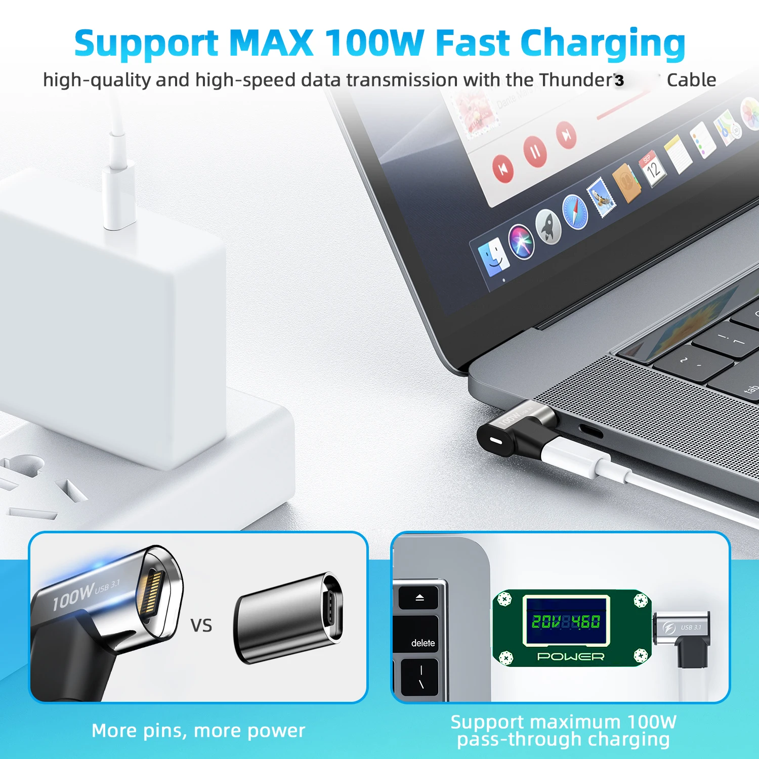 FONKEN Usb Type C Adapter Magnetic 100W Usb3.1 Cable Usbc 24-Pin 10Gbs Data Transfer 4K Video Monitor for Macbook Connector usb type c adapter