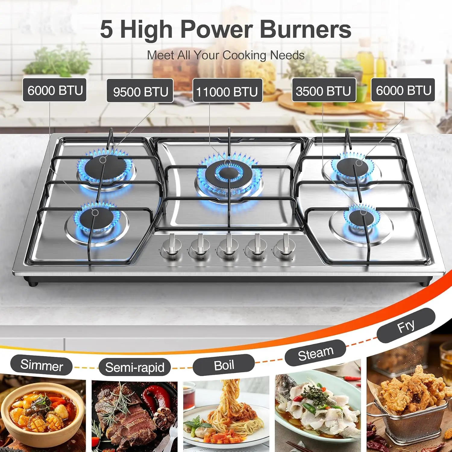Stove Top Stainless Steel, Built-in Gas Propane Cooktops with Thermocouple Protection, NG/LPG Convertible, Electronic Ignition G 6