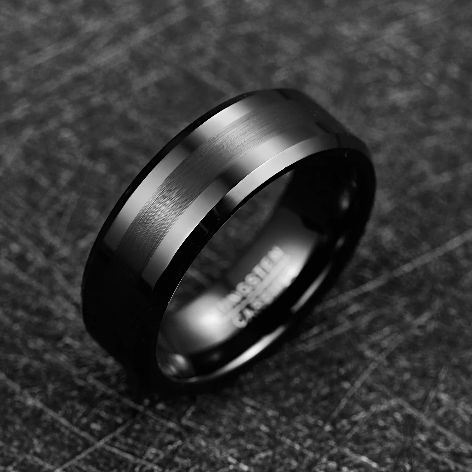 NUNCAD 8mm Tungsten Carbide Black Wedding Engagement Band Brushed Center Men's Ring Beveled Edge Comfort Fit Size 7-12 T018R