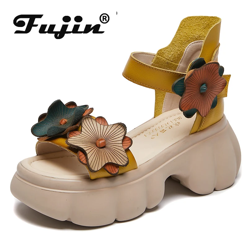 

Fujin 7cm Women Wedge Slipper Platform Sandals Hot Sale Fashion Hook Summer Shoes Cow Genuine Leather Fashion Ladies Appliques