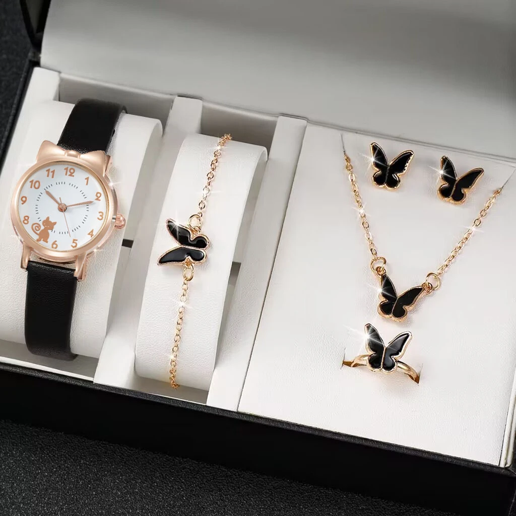 Fashion Women's Quartz Watch PU Leather Strap Student Cute Cartoon Girl WatchesJewlery Set NO BOX 2