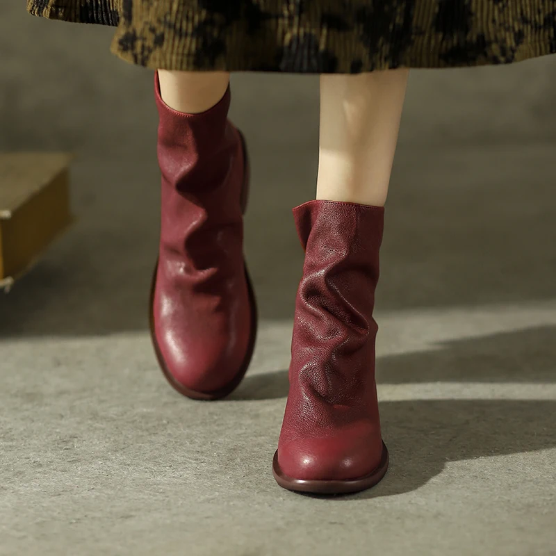

Spring Autumn Shoes On Med Heel 3 CM Round Toe Women Ankle Boots Vintage Style Ladies Shoes Sheepskin Winter Boots Back Zippers
