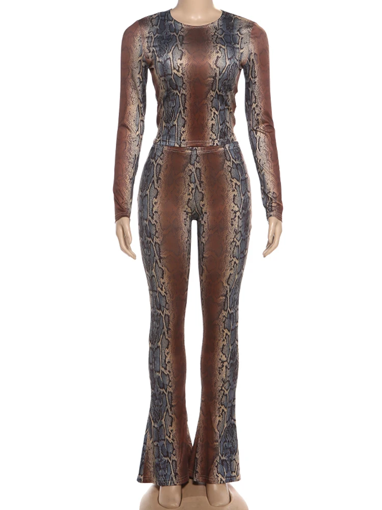 Nibber Hot Girls Serpentine Print 2Piece Set Woman o-Neck Full Sleeve Tops+Skinny Peach Hip Long Pants Street Sexy Fashion Suits