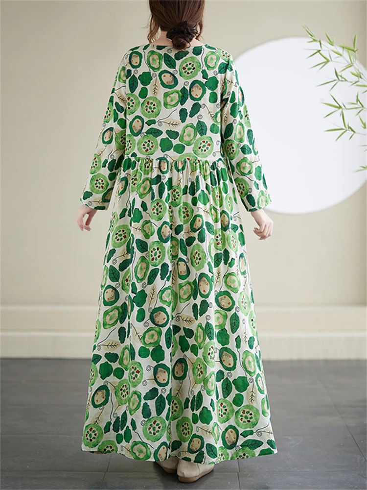 Cotton Vintage Long Green Print Dress Women 2025 New Spring Autumn Casual Loose Dresses Office Lady Femme Robe Vestidos Clothing