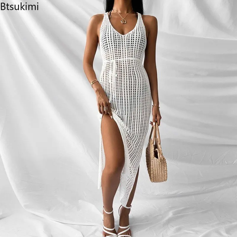 

2023 Summer Sexy Women Midi Dress Elegant Beachwear Outfits Fishnet Mesh Maxi Knit Dress Female Holiday Long Dress for Girls