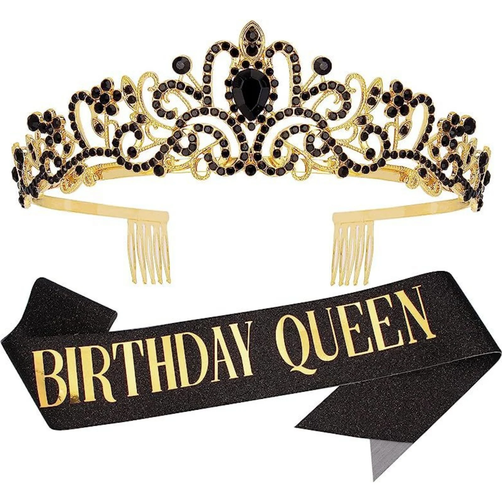 2PCS Black And Silver Birthday Party Decor Set, Crown Headband & Sash For Women, Sparkly Glitter Party Supplies, Elegant