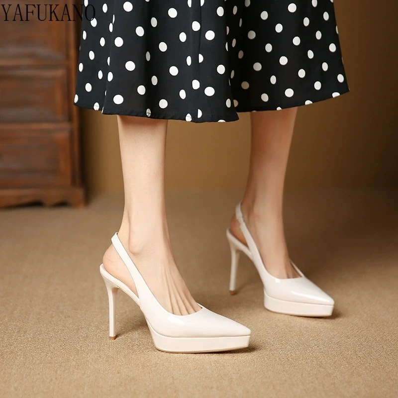 Temperament Red Pointed Toe Patent Leather High Heels Womens Summer New Thin Heel Platform Sandals Fashion Slingbacks Girl Pumps