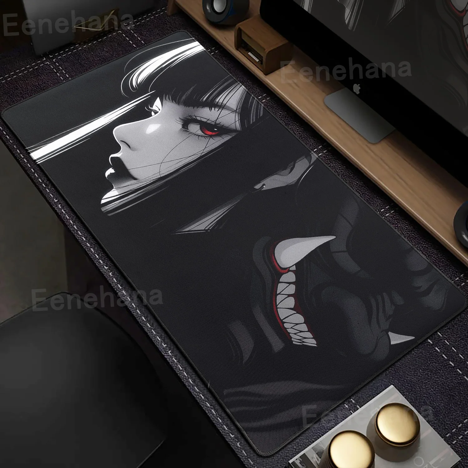 Gothic Anime Devil Mask Mousepad – Large Rubber Gaming Desk Mat with Locking Edge and HD Print