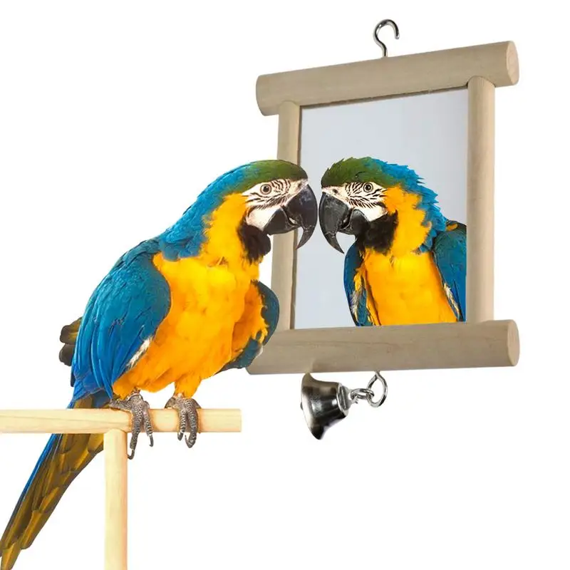 

Bird Mirror Wooden Interactive Play Toy Double-Sided Pet Bird Mirror With Perch Bell Wood Hanging Bird Cage Accessories Swing