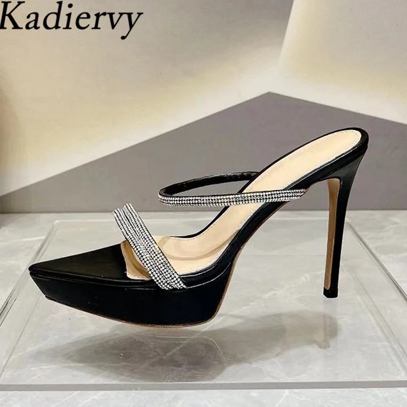 

Sexy High Heels Slippers Women Kid Suede Slides Rhinestone Party Shoes Summer Mules Shoes Thin Heels Runway Slippers Woman