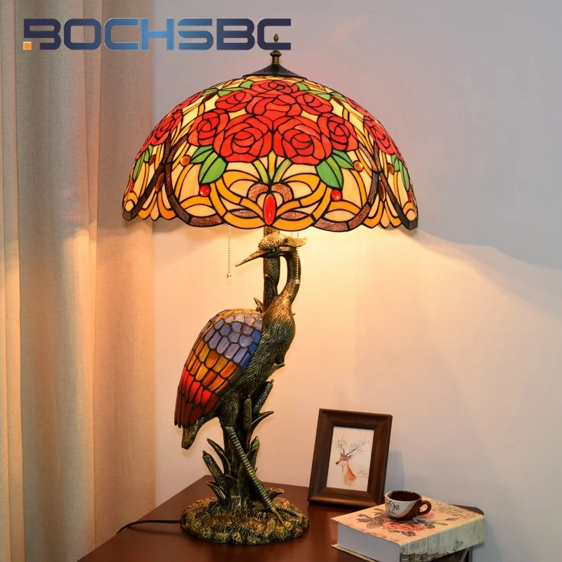 

BOCHSBC Tiffany stained glass desk lamp retro style Art Deco living room Dining Room Hotel desk bedroom Rose crane art task lamp