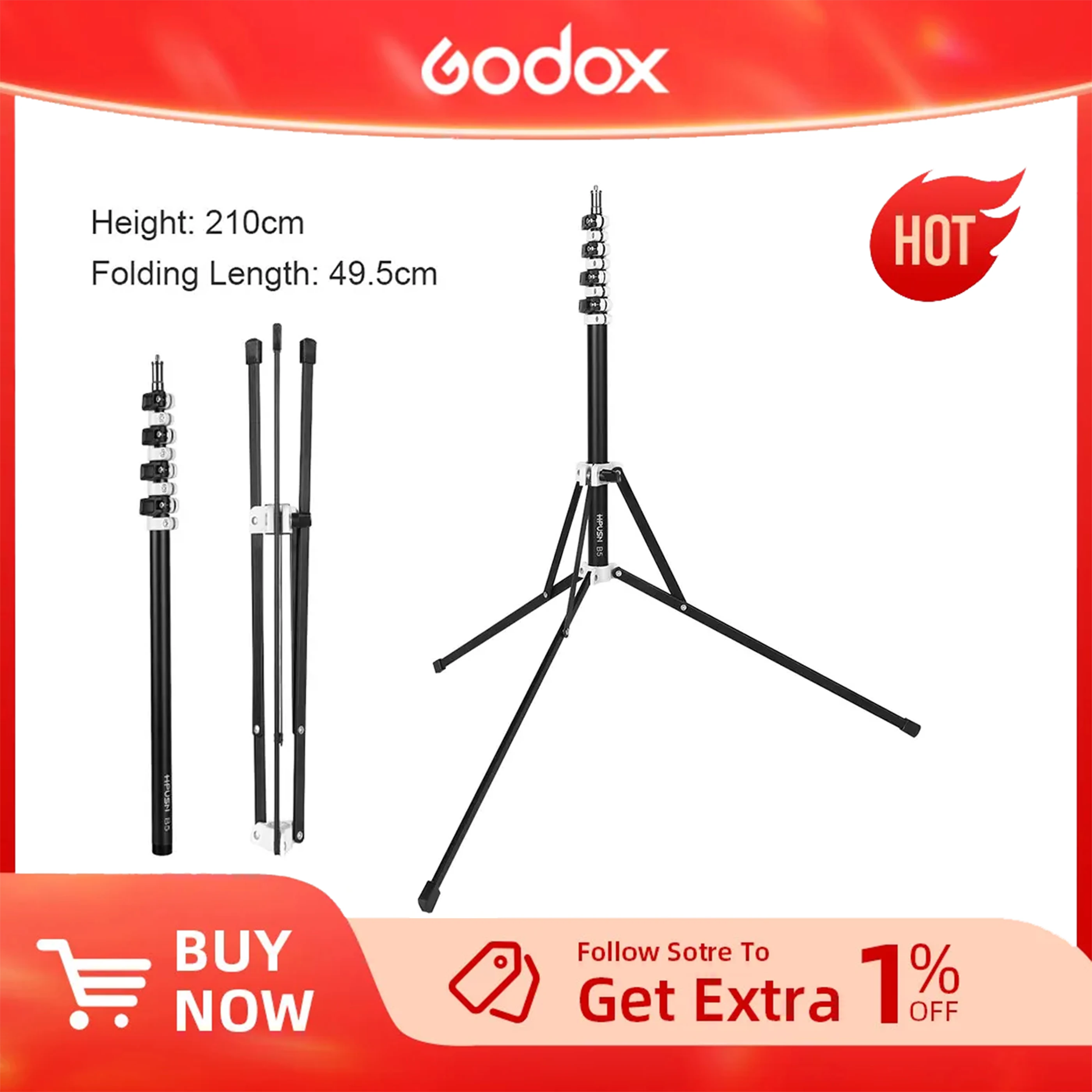 5 Section Collapsible 210cm Light Stand 6.9ft Metal Portable Foldable Tripod Outdoor Light Stand for Studio Flash Speedlide
