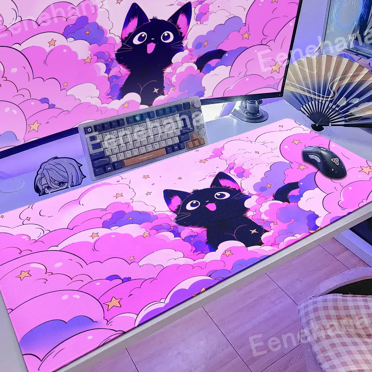 The Black Cat on the Clouds Keyboard Mouse pad Kawaii Art style patterns Pink Desk Mat PC Gamer Rug Office Carpet Home Table pad — view 2