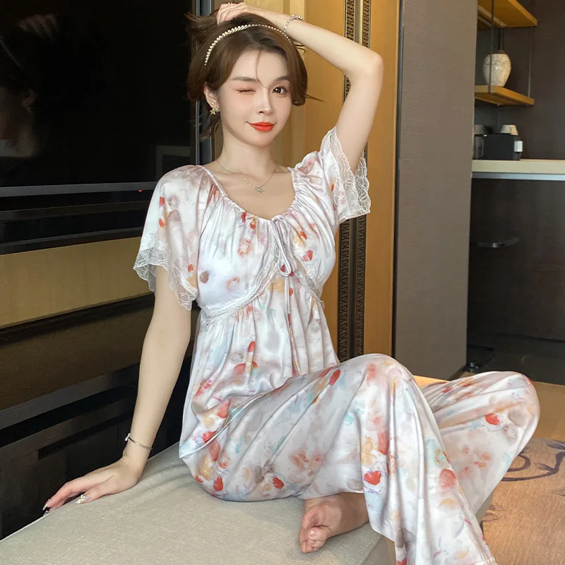 

Атласная Домашняя одежда, ночное белье, элегантный кружевной Пижамный костюм, повседневная одежда для сна, рубашка с коротким рукавом и брюки, 2 шт., домашняя одежда