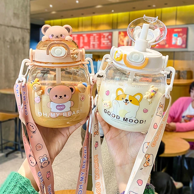 Bear Water Bottle With Straw, Kawaii Leak-proof Water Jug With Adjustable  Shoulder Strap For Camping Travel