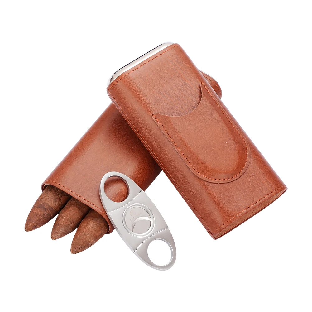 

GALINER Travel Cigar Leather Case With Metal Cutter Cigar Scissors Portable Cedar Wood Mini Humidor Box Fit 3 Cigar