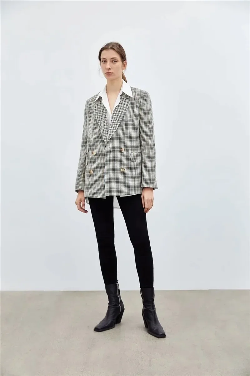 Vintage Contrast Color Plaid Blazer Suit Women 2021 Formal Clothes Office Lady Fashion Double Breasted Mid Length Commute Blazer