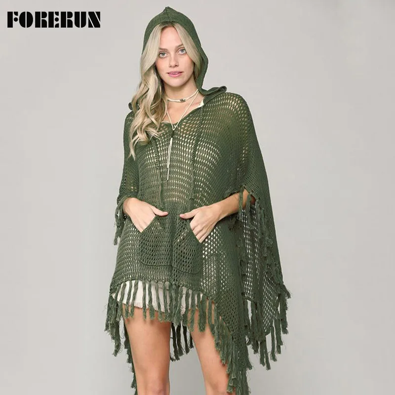 Forerun Knitted Beach Cover Up Women Hooded Sexy Crochet Dress Tunics