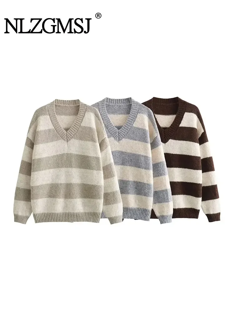 

Nlzgmsj TRAF 2024 Striped Pullovers Women Vintage Chic Loose All-match Knitted Sweaters Young Girls Japan Casual Autumn Sweater