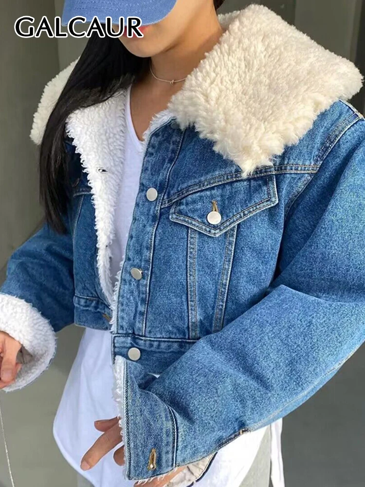 

GALCAUR Patchwork Lamb Fur Loose Denim Coats For Women Lapel Long Sleeve Single Breasted Korean Autumn Hit Color Jackets Female