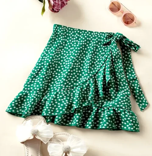 Women's Randomly Printed Place Up Short Skirt 2024 Summer Latest Sweet Lacing Ruffled Edges Everyday Versatile Short Skirt