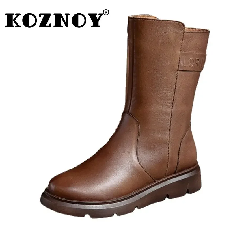 

Koznoy 3cm New Retro Sewing Genuine Leather Autumn Winter Women ZIP Plush Warm Flats Snow Chimney Mid Calf Booties Concise Shoes
