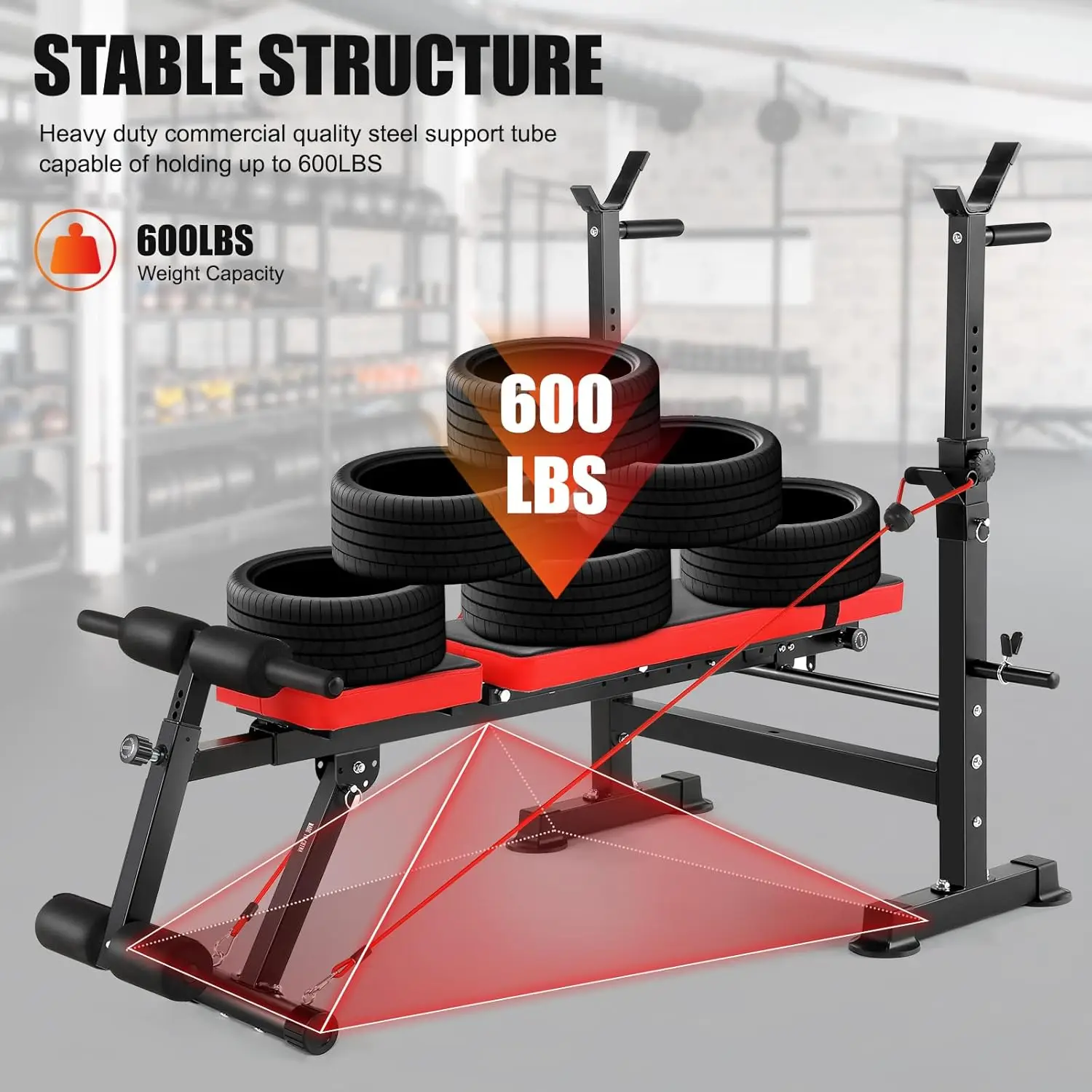 6 in 1 Adjustable Weight Bench with Squat Rack and Removable Foot Bracket, 600lbs Bench Press Set Workout with Weight Stor