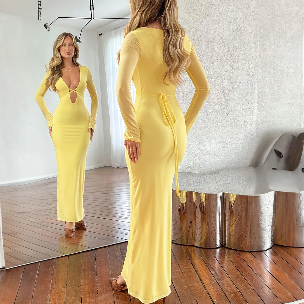 Vestido largo de malla con encaje y aberturas - Elegante vestido de fiesta con escote en V y banda elástica