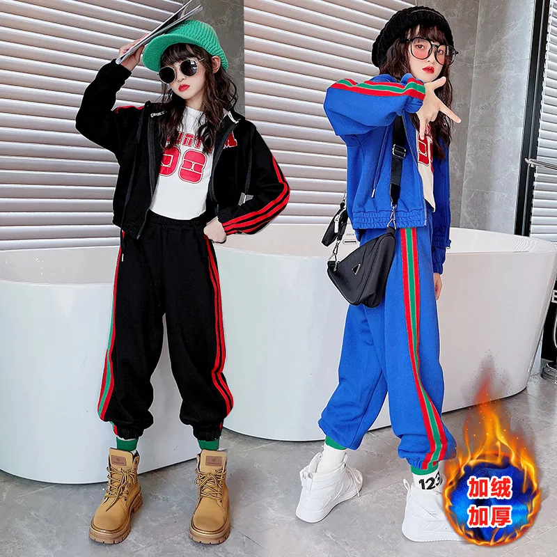 

Kids Clothes for Girls Striped Suit Winter Fleece Thickened Hoodies + Sweatpants 2pcs Teenager Fashion Sportswear Outfits 4-14 Y