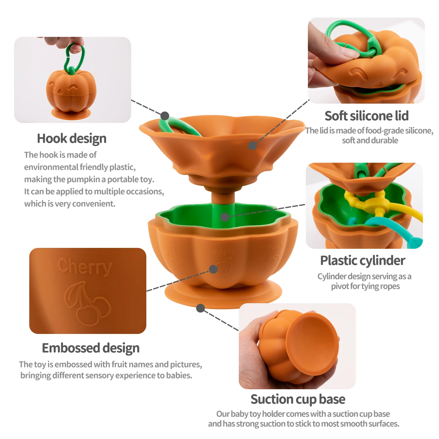 Silicone Teether Suction Cup Toy Halloween Pumpkin Shape Baby Teether Toy For Kids With Baby Strap