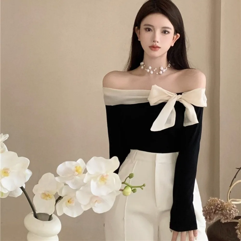 

Kawaii Bow Crop Top Harajuku Long Sleeve Off Shoulder T-shirts Y2k Shirts Pullovers Spring