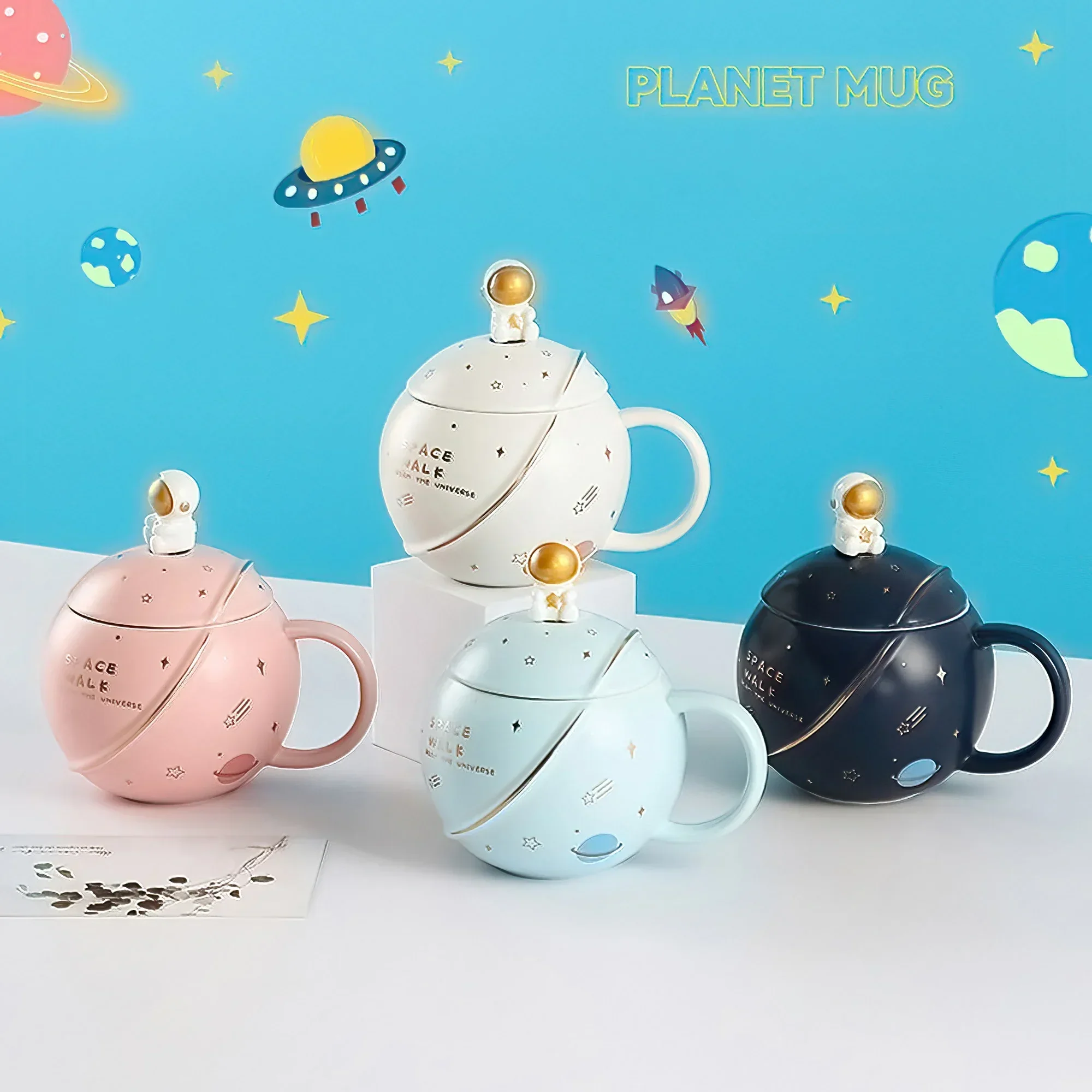 

Space Theme Mug With Spoon Cute Style Coffee Cup Big Volume 400 ML Drinks Container Creative Gift