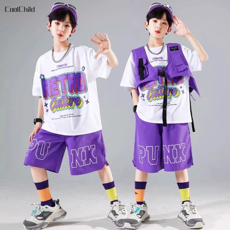 Boys Streetwear Girls Hip Hop Solid Vest T-shirt Cargo Pants Kids Street Dance Shorts Clothes Sets Children Jazz Cool Costumes kids streetwear sets