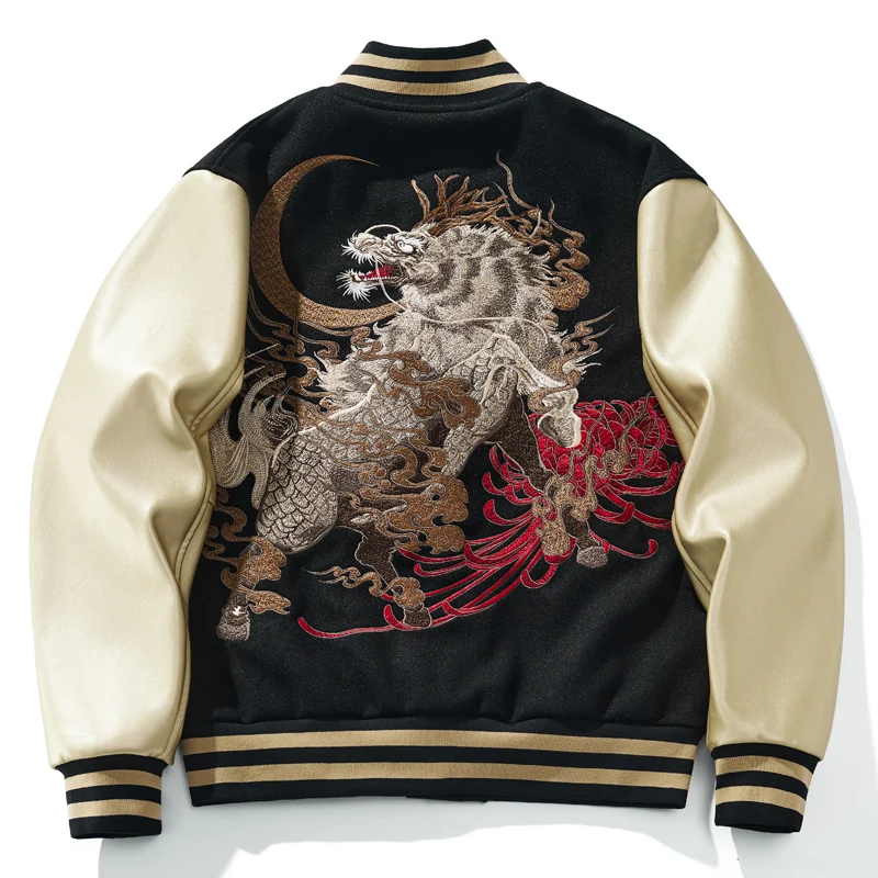 

Heavy Embroidered Baseball Jacket Spring Autumn Jacket PU Leather Sleeves Kirin Mountain Sea Classics God Beast Fashion Brand
