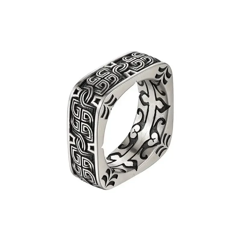 HX Silver Color Men's Ring Retro Square Round Pangu Trend Personality Domineering Handmade Ring Jewelry Accessories silver ring silver rings